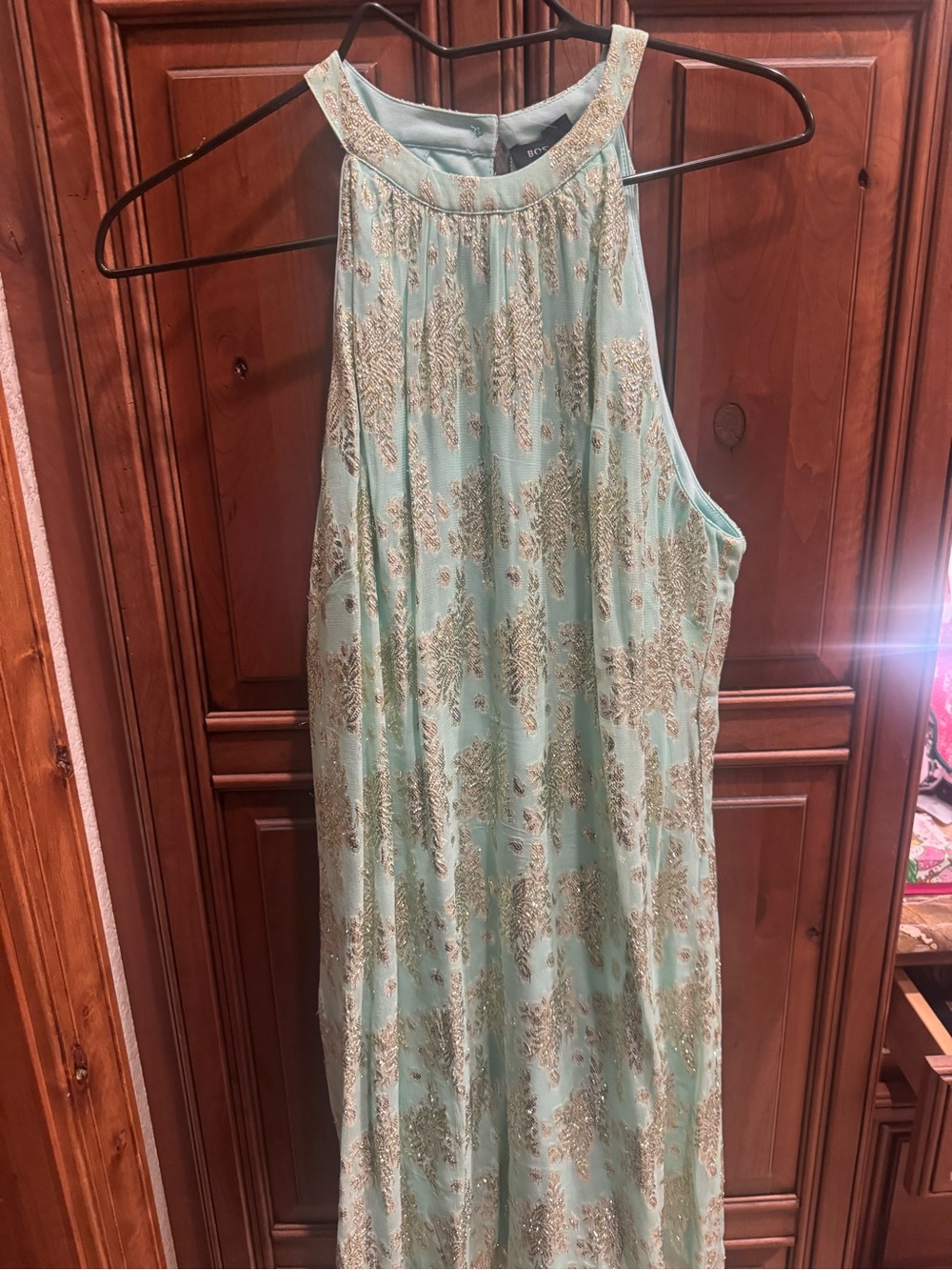 Boston Proper Mint Green Maxi Dress with Gold Lace Overlay